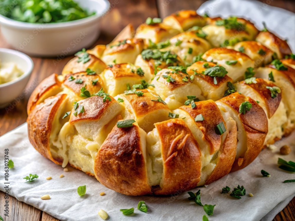 Delicious Garlic Cheese Pull Apart Bread on a White Matte Background Perfect for Food Photography and Culinary Inspiration, Enhancing Your Kitchen and Recipe Ideas