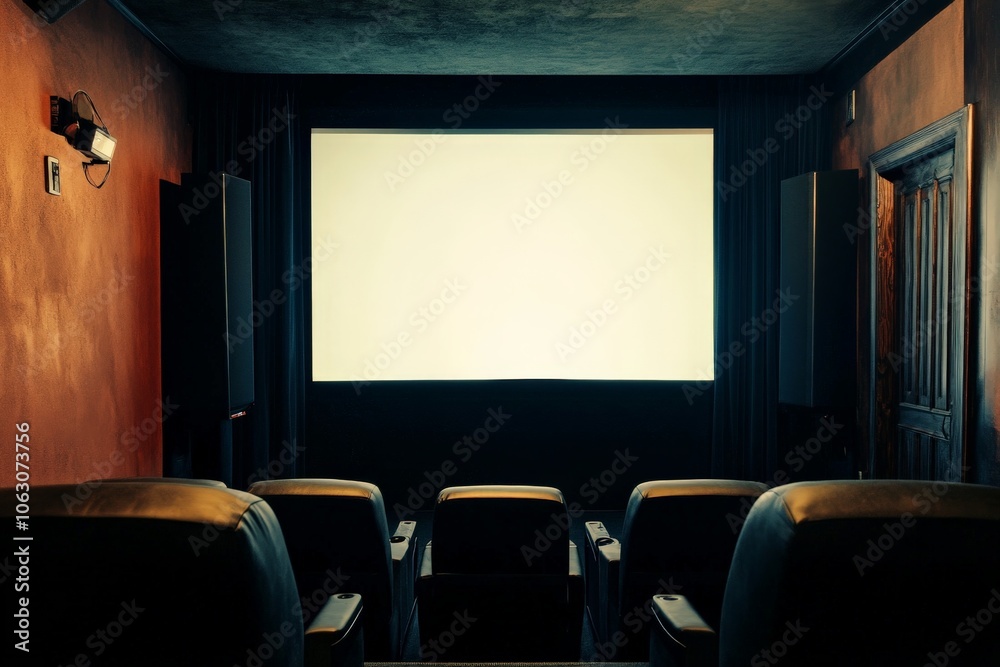 A sleek and minimalistic home theater showing stylish seating arrangements, a large illuminated screen, and elegant wall designs, perfect for relaxing evenings. A sleek and minimalistic home theater showing stylish seating arrangements, a large illuminated screen, and elegant wall designs, perfect for relaxing evenings.
