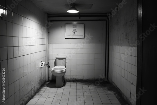 A small, dingy bathroom featuring white tiled walls, old plumbing, and a notably worn toilet, highlighted by harsh, dim lighting, evoking neglect and decay. photo