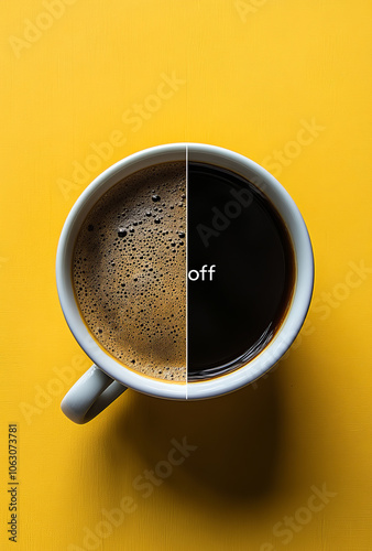 Coffee in a cup split showing light and dark brew. A cup of coffee is divided, highlighting contrasting colors, with the word off centered on the dark side. photo