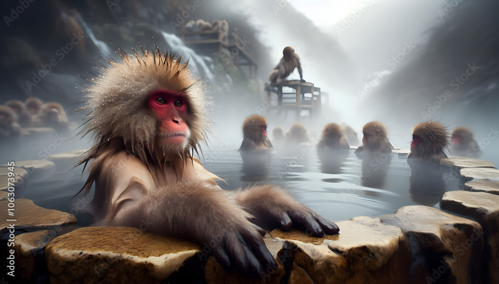 Obraz premium 온천욕중인 일본 원숭이