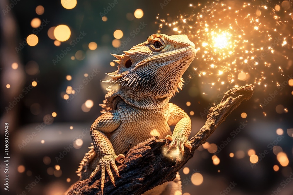 A bearded dragon lizard creates a magical atmosphere with glowing sparks, posing majestically on a branch, set against an enchanting background with light bokeh. A bearded dragon lizard creates a magical atmosphere with glowing sparks, posing majestically on a branch, set against an enchanting background with light bokeh.