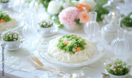 Elegant table setting with delicate noodles topped with green onions and colorful vegetables, surrounded by floral decorations