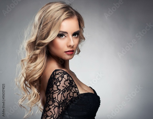 beautiful and elegant blonde young Caucasian woman, wearing a bl photo