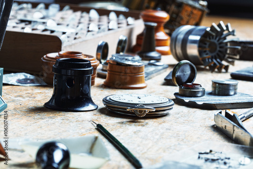 Foto Tools surround pocket watch on wooden workbench