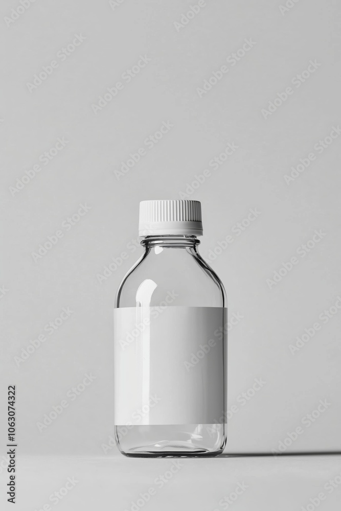 Clear glass bottle with a blank label on a plain background, ideal for product showcasing or design mockups Clear glass bottle with a blank label on a plain background, ideal for product showcasing or design mockups