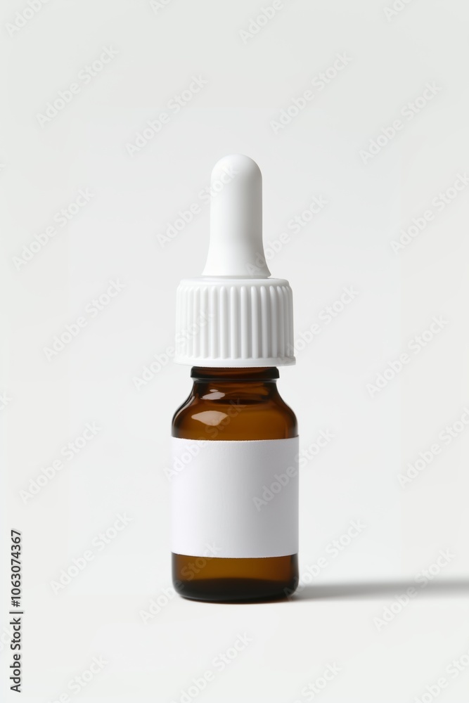 Fototapeta premium Brown glass dropper bottle with a white cap and label, ideal for essential oils or herbal extracts, captured against a clean backdrop