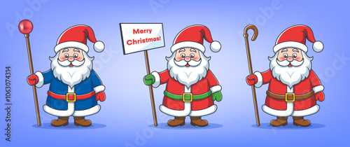 Vector set of colored cartoon Santa Clauses with staffs. Merry Christmas and Happy New Year. Holiday stickers.