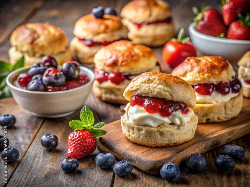 Delightful Freshly Baked Homemade Scones Topped with Strawberry Jam and Clotted Cream, Accompanied by Fresh Blueberries on a Rustic Wooden Table with Copy Space Delightful Freshly Baked Homemade Scones Topped with Strawberry Jam and Clotted Cream, Accompanied by Fresh Blueberries on a Rustic Wooden Table with Copy Space