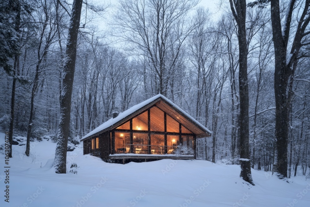A modern glass-fronted cabin showcases warm, inviting interiors while nestled amidst snow-laden trees, creating a serene and picturesque winter retreat. A modern glass-fronted cabin showcases warm, inviting interiors while nestled amidst snow-laden trees, creating a serene and picturesque winter retreat.