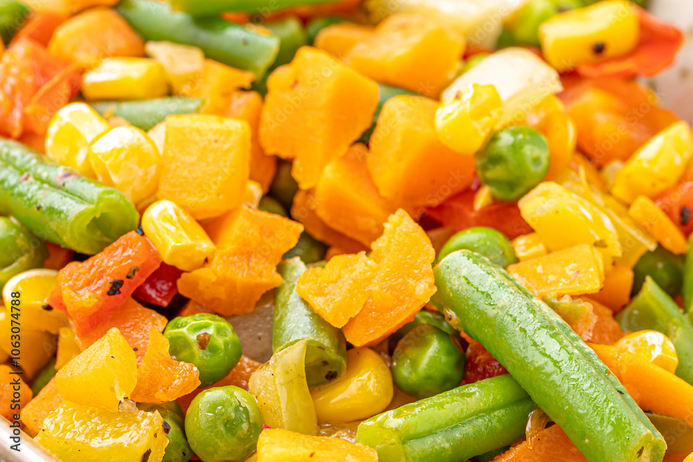 Mexican Mix of Vegetables. Tomatoes, Green Beans, Peas, Corn. Dietary Food.Bright vegetable mix .Vegetarian food.Assorted. Mexican Mix of Vegetables. Tomatoes, Green Beans, Peas, Corn. Dietary Food.Bright vegetable mix .Vegetarian food.Assorted.