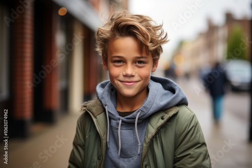 portrait of smiling teenager boy in the street, looking at camera