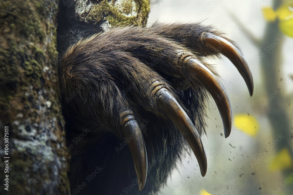 Fototapeta premium A close-up of a sloth's massive claws firmly gripping a tree trunk in a lush forest environment, capturing the essence of nature and wildlife in vibrant detail.