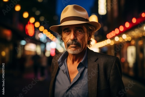 Portrait of a senior man wearing a hat in the city at night.