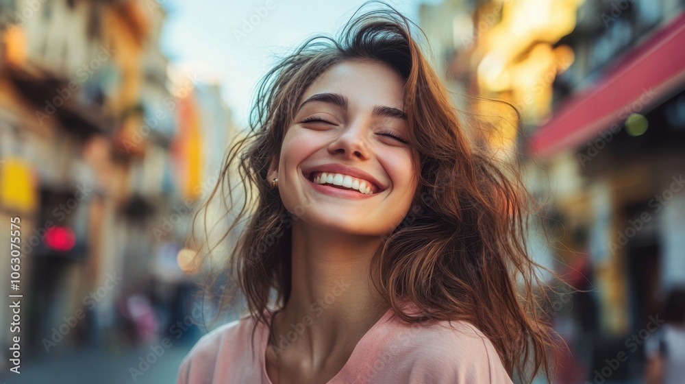 A happy woman standing on a bustling city street A happy woman standing on a bustling city street