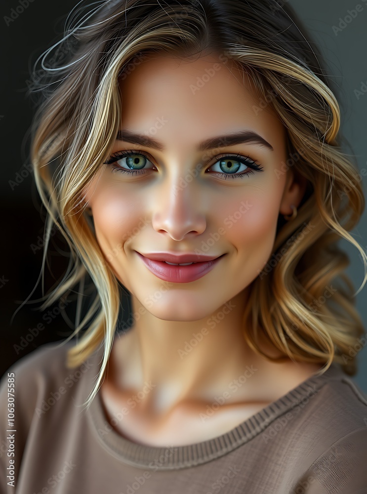 A beautiful European girl with soft curly hair wearing a simple outfit A beautiful European girl with soft curly hair wearing a simple outfit