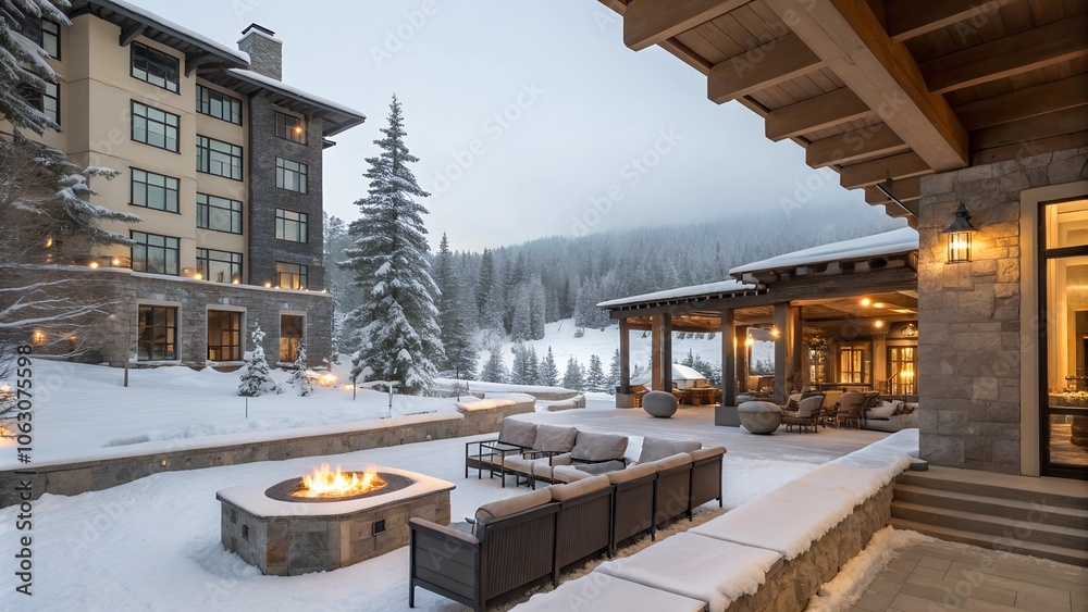 Fototapeta premium Luxurious winter resort patio with firepit, snowy landscape, elegant design, cozy outdoor seating