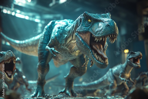 The digital artwork presents a Tyrannosaurus rex illuminated by blue lighting, set in a futuristic ambiance, blending prehistoric themes with modern digital artistry. photo