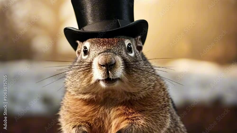 A charming groundhog dressed in a top hat greets spectators during the Groundhog Day festivities in a snowy environment