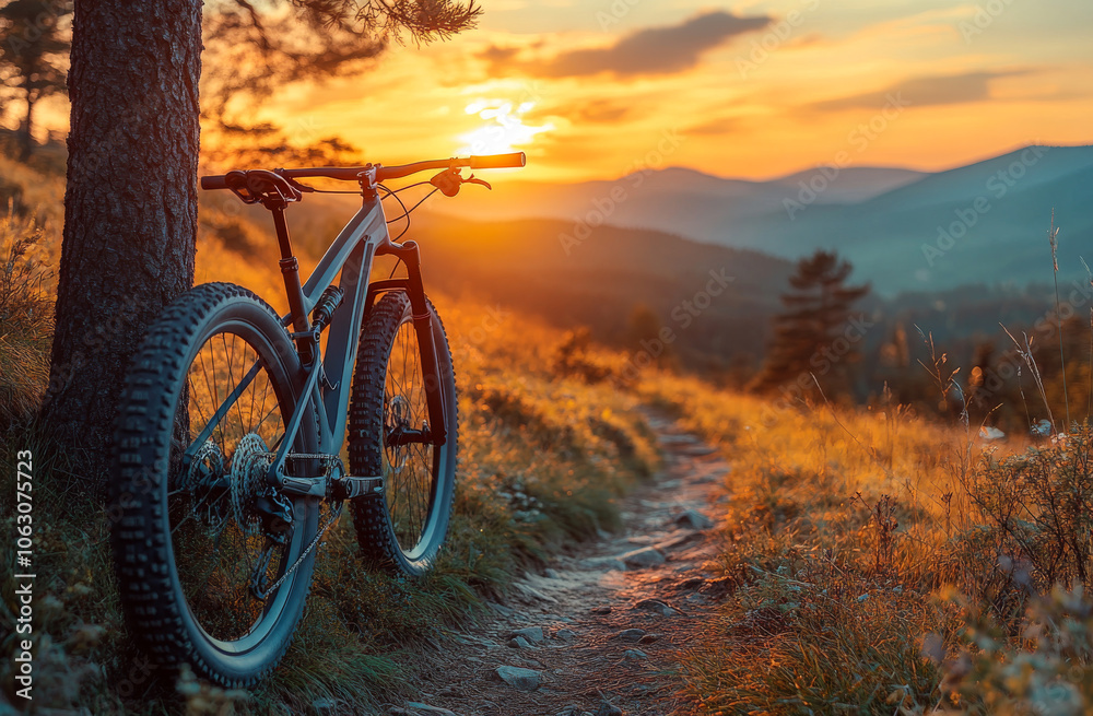 Fototapeta premium Mountain bike resting on a scenic trail at sunset. A mountain bike leans against a tree along a winding trail at sunset, with golden light illuminating the landscape.