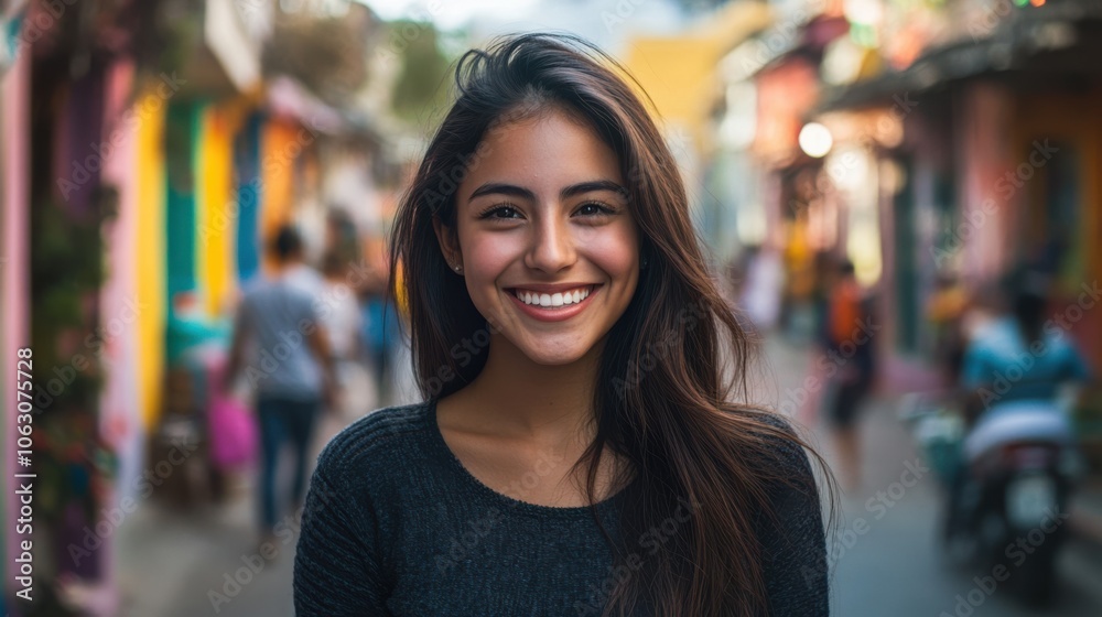 A happy woman standing on a bustling city street