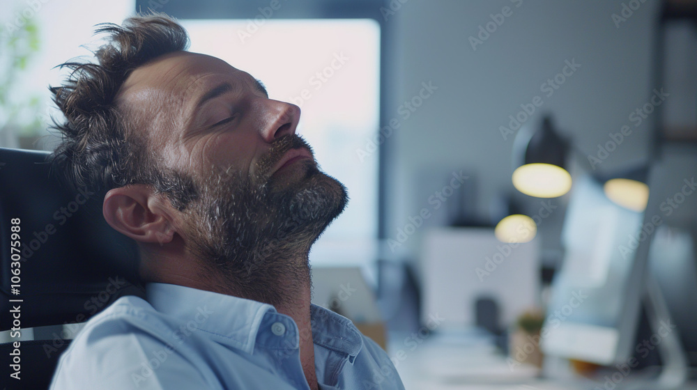 Tired office worker napping at desk, head tilted back, eyes closed, simple office environment, soft light.
