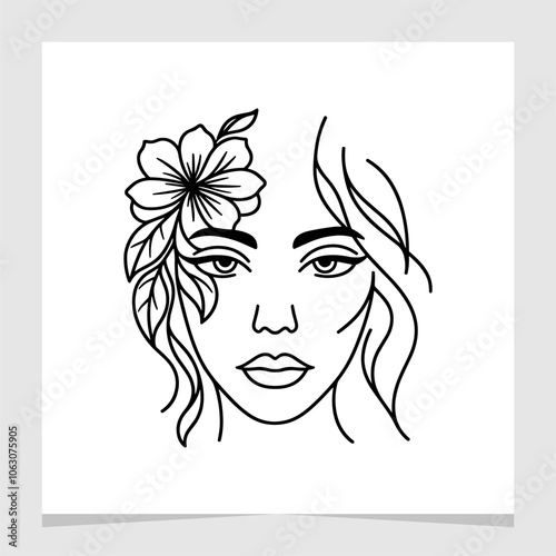 Woman Face with Flower Line Art Illustration Element Vector , Feminine Line Hand Drawn Vector Illustration , Woman's face facing forward Element , Beauty Woman Face Logo Illustration for Brand