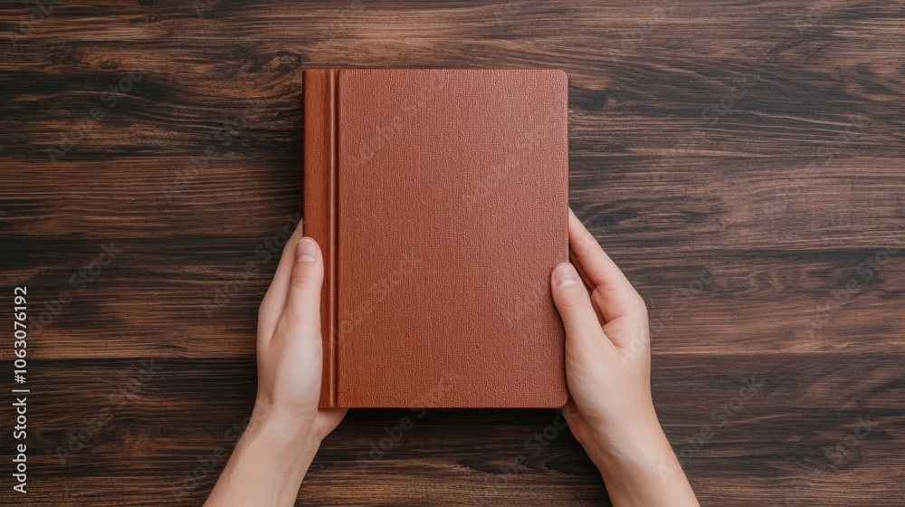 A pair of hands holding a closed brown book on a wooden table. Soft light creates a warm atmosphere perfect for reading and reflection. A pair of hands holding a closed brown book on a wooden table. Soft light creates a warm atmosphere perfect for reading and reflection.