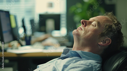 Tired office worker napping at desk, head tilted back, eyes closed, simple office environment, soft light.