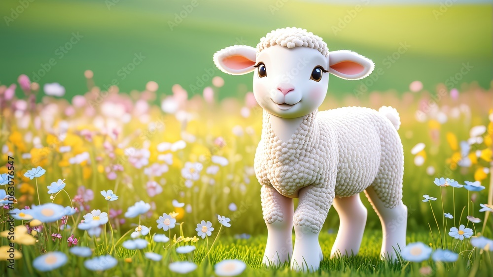 Fototapeta premium Adorable lamb in sunlit meadow with colorful wildflowers
