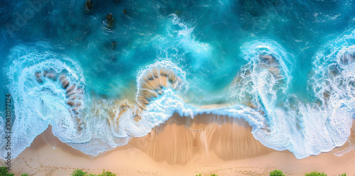 Fototapeta Naklejka Na Ścianę i Meble -  Top view of the sea and beach with waves, beautiful nature background, aerial drone photo