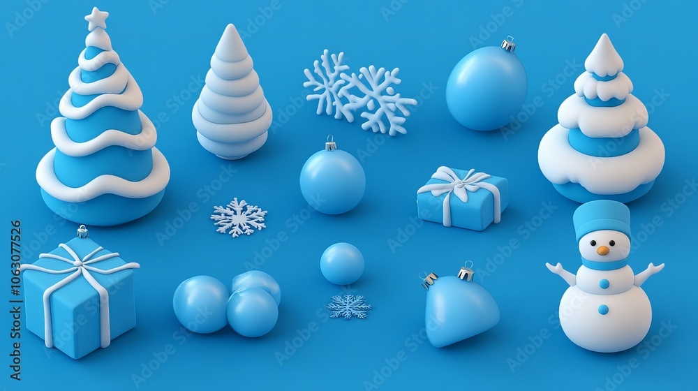 Christmas design elements in 3D cartoon style. Includes Christmas trees in blue and white, snow, gift box, snowman, bauble, and snowflakes.