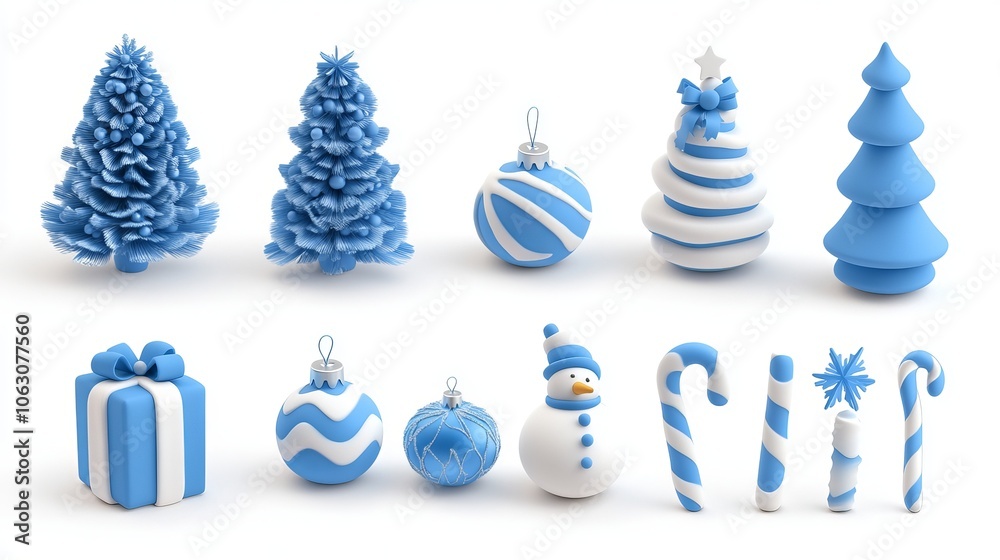 Christmas design elements in 3D cartoon style. Includes Christmas trees in blue and white, snow, gift box, snowman, bauble, and snowflakes.