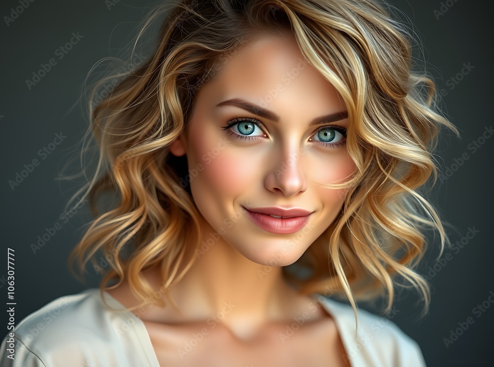 Naklejka premium A beautiful European girl with soft curly hair wearing a simple outfit