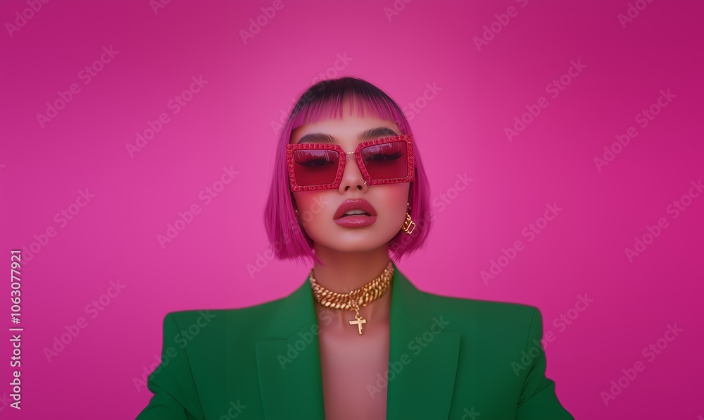 A stylish model poses confidently in a vibrant green blazer with bold sunglasses against a striking pink background A stylish model poses confidently in a vibrant green blazer with bold sunglasses against a striking pink background