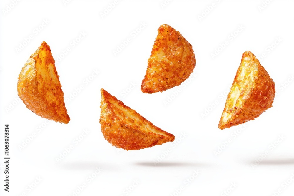 Close-up of crispy, golden-brown potato wedges seasoned with herbs and spices, isolated on a white background. Perfect for themes related to comfort food, snacks, and casual dining. Close-up of crispy, golden-brown potato wedges seasoned with herbs and spices, isolated on a white background. Perfect for themes related to comfort food, snacks, and casual dining.