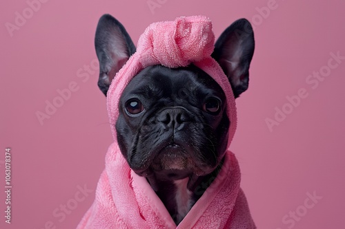 A black French Bulldog wearing a pink bathrobe and a pink towel headband, looking at the camera with a serious expression against a pink background.
