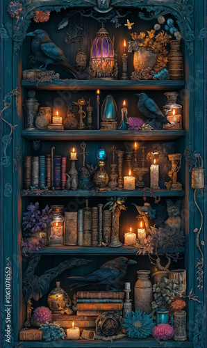 A magical library with shelves full of spellbooks and elixirs