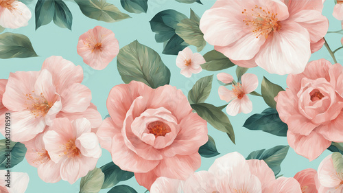 Pink flowers on a pale turquoise backdrop