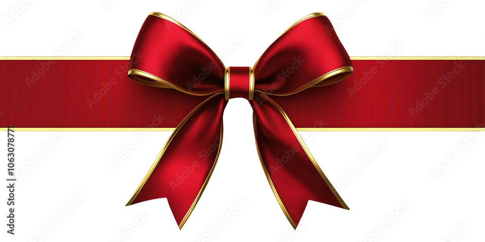 Red ribbon bow with gold border isolated on white background