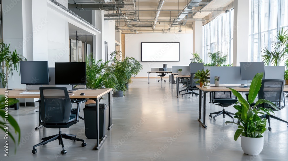 Fototapeta premium Modern office design featuring a spacious layout and a blank wall, perfect for displaying artwork.
