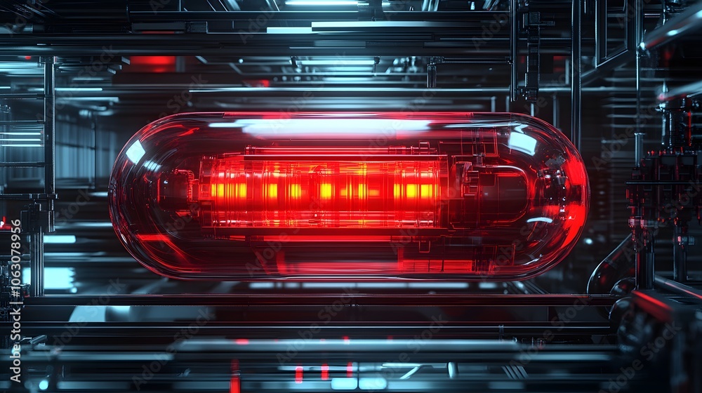 Obraz premium Red Glowing Capsule in Industrial Setting