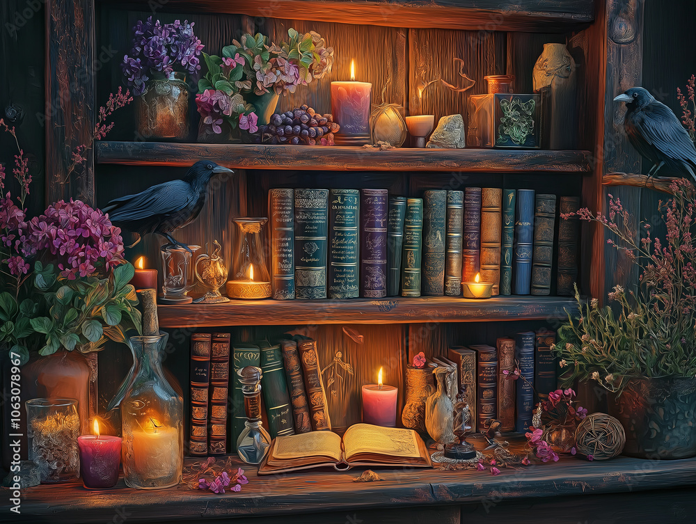 A magical library with shelves full of spellbooks and elixirs A magical library with shelves full of spellbooks and elixirs