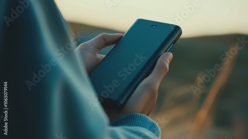 A low-angle view of someone using the power bank to charge a phone, with the background softly blurred for depth.