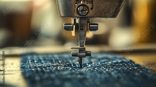 A macro photograph of the sewing machine's presser foot, focusing on the metal details and fabric texture, with the surrounding area softly blurred.