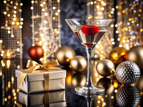 Elegant Martini Glass with Lipstick Surrounded by Luxurious Gift Boxes Tied with Velvet Ribbons and Glamorous Disco Balls for a Sophisticated Celebration Atmosphere