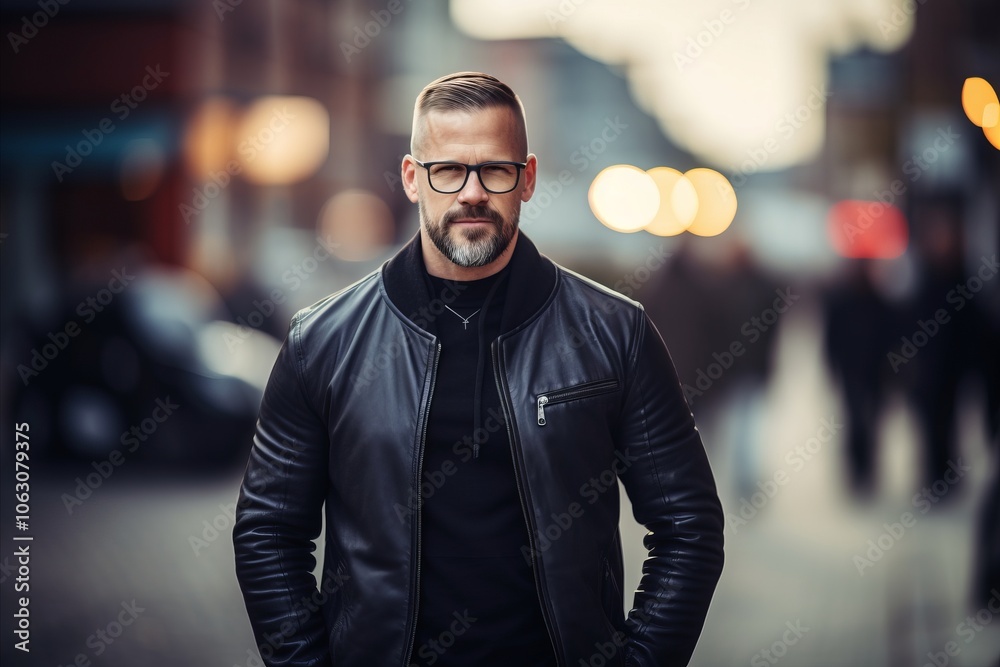 Handsome bearded man in leather jacket and glasses is standing on the street.
