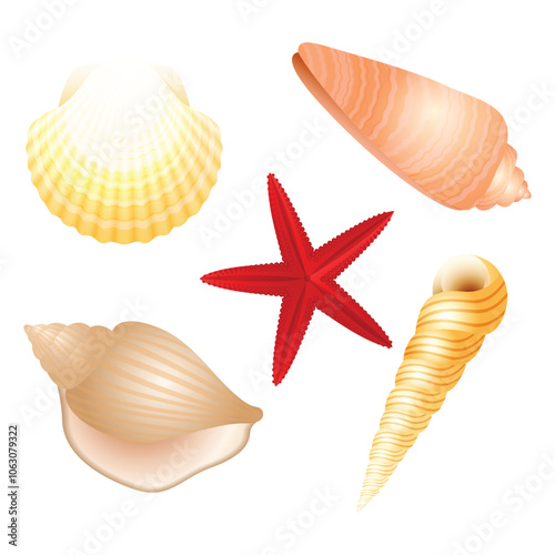 Generated with AI, Oyster design beach starfish isolated nature conch ocean animal mollusk marine summer collection star seashells spiral aquatic life shells tropical decoration macro object set
