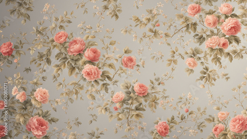 background that evokes regency romance - pink flowers on a pale blue-grey background