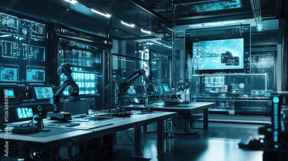 A lab from the future with glowing control panels, A lab from the future with glowing control panels,